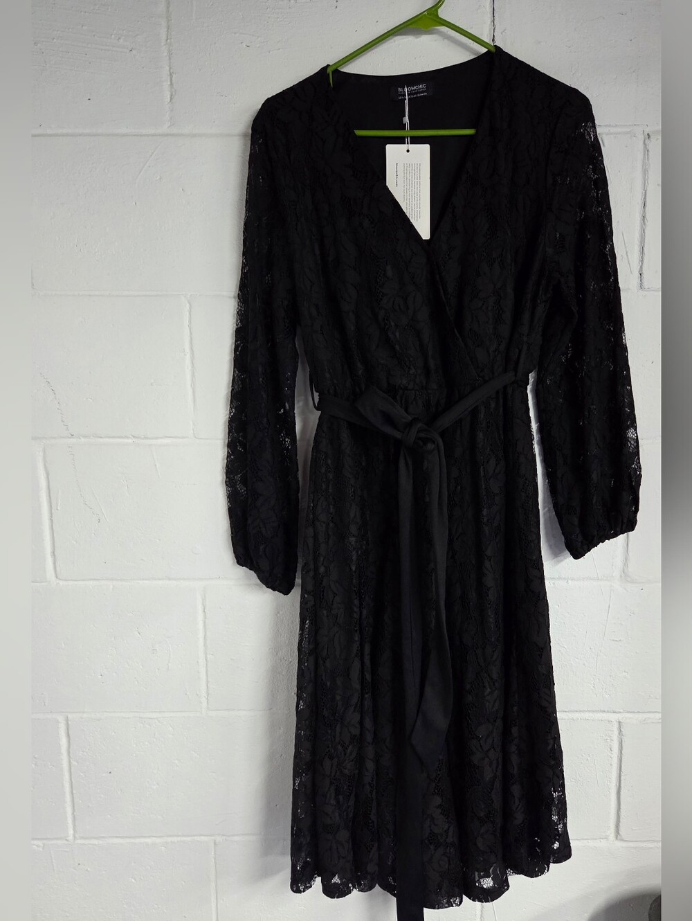 BloomChic Black Lace Long Sleeve Wrap Dress with Tie Waist